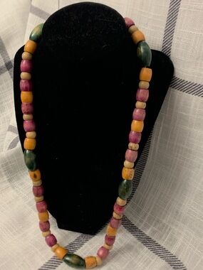 Vintage60s Multicolor Wooden Bead Necklace - Pink, Green & Mustard